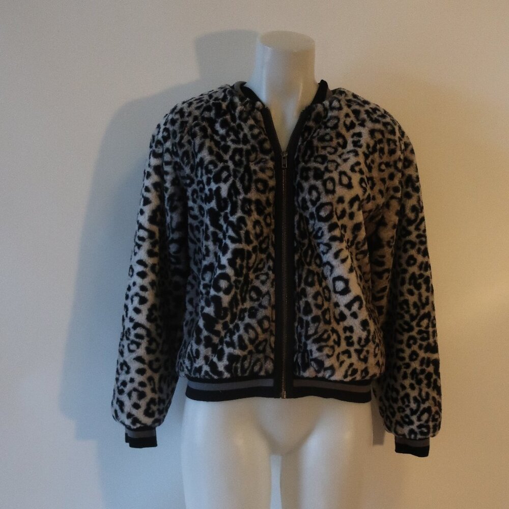 NWT Womens Lavender Brown Gray Black Animal Print Faux Fur Bomber Jacket M * - Picture 5 of 11